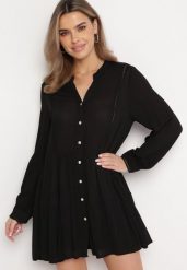 Czarna Koszulowa Sukienka w Stylu Boho z Rozkloszowanym Dołem Liorda. Czarne sukienki damskie Born2be, na lato, l, bez wzorów, boho, bez kołnierzyka, bez ramiączek, mini, koszulowe. Za 109.99 zł.