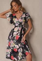 Czarna Kopertowa Sukienka w Kwiaty Atesalia. Czarne sukienki damskie Renee, na co dzień, na wiosnę, m, bez wzorów, eleganckie, bez kołnierzyka, bez ramiączek, midi, kopertowe. Za 84.99 zł.