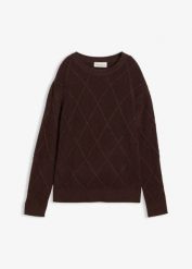 Sweter oversize z warkoczami. Brązowe swetry damskie bonprix, bez wzorów, bez kołnierzyka, bez ramiączek, bez kaptura. Za 134.99 zł.