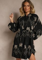 Czarna Bawełniana Sukienka Ozdobiona Palmowym Haftem Sarlio. Czarne sukienki damskie Renee, na imprezę, m, bez wzorów, z bawełny, eleganckie, bez kołnierzyka, bez ramiączek, mini. Za 159.99 zł.