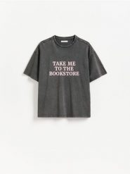 Bawełniany t-shirt z napisem - ciemnoszary. Szare t-shirty damskie Reserved, l, bez wzorów, z bawełny, bez kołnierzyka. Za 59.99 zł.