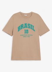 T-shirt z napisem Brasil z czystej bawełny. Brązowe koszulki sportowe męskie bonprix, l, bez wzorów, z bawełny, bez kołnierzyka, bez ramiączek. Za 19.99 zł.