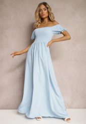 Jasnoniebieska Sukienka z Gumeczkami w Talii i Przy Dekolcie z Rozkloszowanym Dołem Anideta. Niebieskie sukienki dla dziewczynek Renee, bez wzorów, eleganckie, bez ramiączek. Za 49.99 zł.