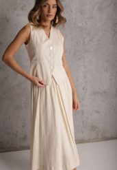 Beżowy Komplet z Bawełny Kamizelka i Spódnica o Rozkloszowanym Kroju Movenae. Brązowe spódnice damskie Renee, na lato, m, bez wzorów, z bawełny, eleganckie, dopasowane. Za 159.99 zł.