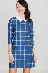 Niebieska Prosta Sukienka w Kratę z Kołnierzykiem. Niebieskie sukienki damskie Katrus, na co dzień, m, bez wzorów, bez kołnierzyka, bez ramiączek. Za 239.00 zł.
