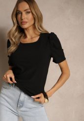 Czarny T-shirt z Prążkowanej Tkaniny z Zakładkami przy Rękawach Kolaniella. Czarne bluzki damskie Renee, l, bez wzorów, z jeansu, eleganckie, bez kołnierzyka. Za 34.99 zł.