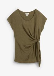 Shirt kopertowy z czystego lnu. Zielone bluzki damskie bonprix, bez wzorów, ze lnu, bez kołnierzyka, bez ramiączek. Za 99.99 zł.