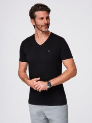 Męski T-shirt V-NECK z elastanem - czarny V3 - Rozmiar: XL. Czarne t-shirty męskie Ombre Clothing, m, bez wzorów, z bawełny, klasyczne, bez kołnierzyka. W wyprzedaży za 24.99 zł.