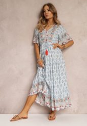 Jasnoniebieska Sukienka Maxi z Krótkim Rękawem i Gumką w Talii Emaya. Niebieskie sukienki damskie Renee, l, bez wzorów, z tkaniny, boho, bez kołnierzyka, bez ramiączek, maxi. Za 74.99 zł.