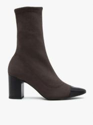 Brązowe elastyczne botki z czarnym noskiem. Brązowe botki damskie Brawo sp. z o.o., ze skóry, eleganckie, bez obcasa, na obcasie, bez zapięcia. Za 449.99 zł.