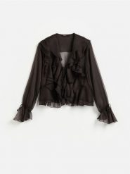 Bluzka z falbanami - ciemnobrązowy. Brązowe bluzki damskie Reserved, l, bez wzorów, z tkaniny, bez kołnierzyka, bez ramiączek. Za 139.99 zł.