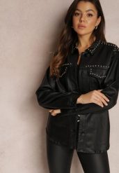 Czarna Koszula z Imitacji Skóry z Nitami Carleton. Czarne bluzki damskie Renee, l, z aplikacjami, z jeansu, eleganckie, bez kołnierzyka, bez ramiączek. Za 79.99 zł.