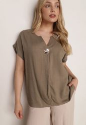 Ciemnobeżowa Nietoperzowa Bluzka z Krótkim Rękawem z Lnem i Wiskozą Isirtila. Brązowe koszule damskie Born2be, na lato, l, bez wzorów, z bawełny, biznesowe, bez kołnierzyka, bez ramiączek. Za 69.99 zł.