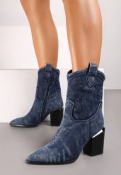 Granatowe Botki Kowbojki na Obcasie Typu Słupek z Ozdobnymi Przeszyciami Laonique. Niebieskie botki damskie Born2be, boho, bez obcasa, na obcasie, bez zapięcia. Za 169.99 zł.