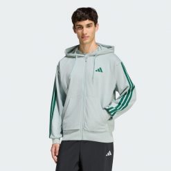 Bluza z kapturem Essentials 3-Stripes French Terry Full-Zip. Zielone bluzy męskie Adidas, bez wzorów, z materiału, z kapturem. Za 279.00 zł.