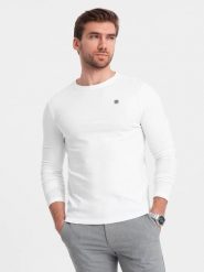 Longsleeve męski z elastanem sygnowany z okrągłym dekoltem - biały V1 - Rozmiar: XXL. Białe bluzki z długim rękawem męskie Ombre Clothing, m, bez wzorów, z bawełny, klasyczne, bez kołnierzyka. W wyprzedaży za 79.99 zł.