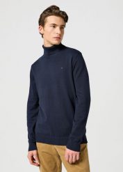 WRANGLER MĘSKA BLUZA TURTLENECK DARK NAVY 112357296 W8D8008616. Niebieskie bluzy męskie Wrangler, m, bez wzorów, bez kaptura. Za 199.99 zł.