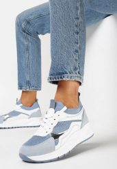 Niebieskie Sneakersy na Grubej Podeszwie z Metalicznymi Wstawkami i Sznurowaniem Aelria. Niebieskie obuwie sportowe damskie Born2be, bez wzorów. Za 69.99 zł.