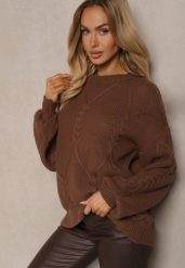 Brązowy Sweter z Ozdobnym Tłoczeniem i Ściągaczami Temariel. Brązowe swetry damskie Renee, bez wzorów, z jeansu, biznesowe, bez kołnierzyka, bez ramiączek, długie, bez kaptura. Za 79.99 zł.