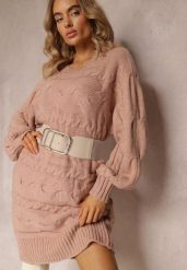 Różowy Długi Sweter Oversize z Wypukłym Splotem All Over Somet. Czerwone swetry damskie Renee, bez wzorów, ze splotem, casualowe, bez kołnierzyka, bez ramiączek, długie, bez kaptura. Za 79.99 zł.