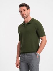 Bawełniana koszulka męska polo ze strukturalnej dzianiny – oliwkowa V1 OM-POSS-0117 - XXL. Zielone koszulki polo męskie Ombre Clothing, l, bez wzorów, z bawełny, biznesowe, bez ramiączek. W wyprzedaży za 99.99 zł.