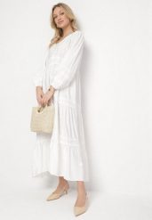 Biała Sukienka z Wiskozy o Rozkloszowanym Kroju z Koronkowymi Wstawkami Gonessae. Białe sukienki damskie Born2be, na co dzień, l, bez wzorów, z koronki, eleganckie, bez kołnierzyka, bez ramiączek, maxi, rozkloszowane. Za 129.99 zł.