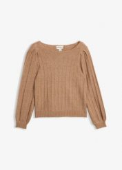 Sweter z rękawami bufkami. Brązowe swetry damskie bonprix, bez wzorów, bez kołnierzyka, bez ramiączek, bez kaptura. Za 139.99 zł.