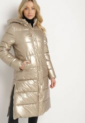 Złota Pikowana Kurtka z Metalicznym Połyskiem o Długim Kroju Belfezi. Żółte kurtki damskie Born2be, l, bez wzorów, z jeansu, bez kaptura. Za 269.99 zł.