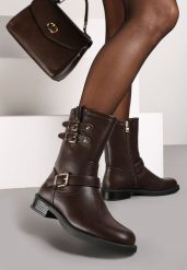 Brązowe Motocyklowe Botki Zdobione Klamrami przy Cholewce Tatilda. Brązowe botki damskie Renee, z jeansu, eleganckie, bez obcasa, na obcasie, bez zapięcia. Za 149.99 zł.