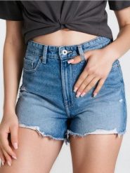 Szorty jeansowe z przetarciami - niebieski. Niebieskie szorty damskie Sinsay, l, bez wzorów, z jeansu, boho. W wyprzedaży za 39.99 zł.