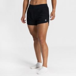 Luźne damskie spodenki do biegania Rogelli. Czarne szorty sportowe damskie Rogelli, s, bez wzorów, z materiału, sportowe, z podwyższonym stanem, do biegania. Za 138.85 zł.