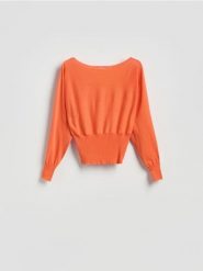 Bluzka ze ściągaczem Nasa - pomarańczowy. Brązowe bluzki damskie Reserved, l, bez wzorów, z dzianiny, bez kołnierzyka, bez ramiączek. Za 109.99 zł.