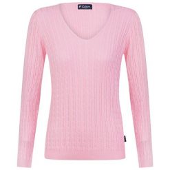 Sweter w kolorze jasnoróżowym. Czerwone swetry damskie Denim Culture, s, bez wzorów, z bawełny, bez kołnierzyka, bez ramiączek, długie, bez kaptura. W wyprzedaży za 149.95 zł.