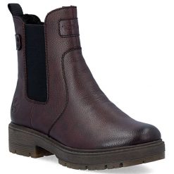 Skórzane botki damskie sztyblety ocieplane bordowe Rieker 75860-35. Czerwone botki damskie Rieker, ze skóry, bez obcasa, bez zapięcia. Za 429.00 zł.