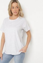 Jasnoszary Gładki T-shirt z Bawełny o Klasycznym Kroju Natime. Szare bluzki damskie Born2be, l, bez wzorów, z bawełny, klasyczne, bez kołnierzyka. Za 39.99 zł.