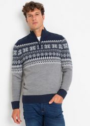 Sweter w norweski wzór ze stójką z zamkiem. Szare swetry przez głowę męskie bonprix, l, bez wzorów, bez kołnierzyka. Za 109.99 zł.