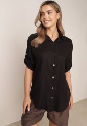 Czarna Koszula Casual z Wiskozą i Lnem z Rękawami 3/4 Linyana. Czarne bluzki damskie Born2be, l, bez wzorów, z jeansu, casualowe, bez kołnierzyka, bez ramiączek. Za 99.99 zł.