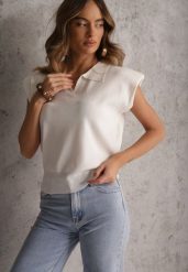 Biała Sweterkowa Bluzka z Wiskozy z Kołnierzykiem i Usztywnioną Linią Ramion Helite. Białe bluzki damskie Renee, bez wzorów, z jeansu, eleganckie, bez kołnierzyka, bez ramiączek. Za 69.99 zł.