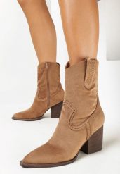 Brązowe Botki Kowbojki na Słupku Z Cyrkoniami Hermia. Brązowe botki damskie Born2be, z jeansu, eleganckie, bez obcasa, na obcasie, bez zapięcia. Za 169.99 zł.