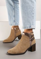 Ciemnobeżowe Botki na Obcasie Ozdobione Paskami i Klamrami Deoira. Brązowe botki damskie Born2be, na jesień, z jeansu, eleganckie, bez obcasa, na obcasie, bez zapięcia. Za 139.99 zł.