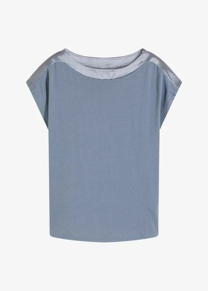 T-shirt z satynowym karczkiem. Niebieskie bluzki damskie bonprix, bez wzorów, z satyny, eleganckie, bez kołnierzyka. Za 99.99 zł.