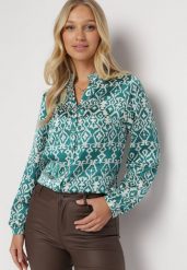 Zielona Koszula we Wzorzysty Print Enzoa. Zielone bluzki damskie Born2be, m, bez wzorów, bez kołnierzyka, bez ramiączek. Za 49.99 zł.