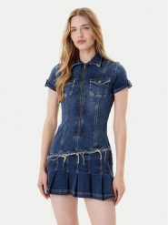 Guess Sukienka jeansowa W5YK71 D4H1D Niebieski Regular Fit. Niebieskie sukienki damskie Guess, xxl, z aplikacjami, z bawełny, bez kołnierzyka, bez ramiączek. Za 529.99 zł.