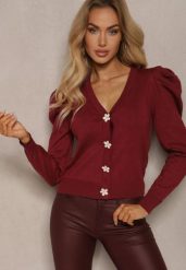 Bordowy Rozpinany Kardigan z Wiskozą Ozdobiony Guzikami Kwiatkami Enarine. Czerwone kardigany damskie Renee, uniwersalny, bez wzorów, z jeansu, eleganckie, bez kołnierzyka, bez ramiączek, bez kaptura. Za 119.99 zł.