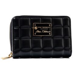 Pikowany, czarny portfel damski ze skóry ekologicznej zamykany na zatrzask i suwak - Peterson. Czarne portfele damskie Peterson, bez wzorów, ze skóry ekologicznej. Za 36.00 zł.