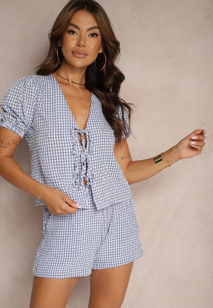 Niebieski Komplet Koszula z Wiązaniem i Bufiastymi Rękawami Szorty z Gumką w Talii Lisacella. Niebieskie koszule damskie Renee, na lato, l, bez wzorów. Za 99.99 zł.