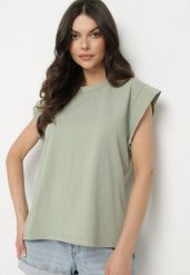 Zielony Bawełniany Top z Falbanką przy Ramionach Galantia. Zielone bluzki damskie Born2be, s, bez wzorów, z bawełny, eleganckie, bez kołnierzyka, bez ramiączek. Za 59.99 zł.