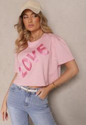 Różowy Krótki T-shirt Oversize z Bawełny z Ozdobnym Napisem Sanillva. Czerwone bluzki damskie Renee, m, bez wzorów, z bawełny, bez kołnierzyka. Za 39.99 zł.