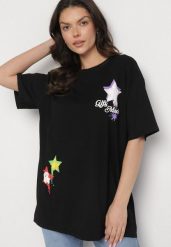 Czarny T-shirt z Bawełną Ozdobiony Gwiazdami Karretia. Czarne bluzki damskie Born2be, m, bez wzorów, z bawełny, eleganckie, bez kołnierzyka. Za 49.99 zł.