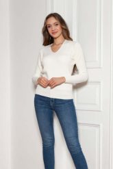 Sweter w Serek z Dzianiny w Prążek - Ecru. Brązowe swetry damskie Lanti, l, bez wzorów, z dzianiny, bez kołnierzyka, bez ramiączek, bez kaptura. Za 229.90 zł.